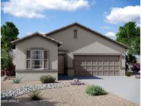 Charming single-story home featuring a desert landscape, neutral stucco exterior and an attached two-car garage at 6078 E Artemis Dr, Florence, AZ 85132