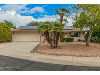 Charming single-story home with desert landscaping, palm trees, and solar panels at 9918 W Willow Creek Cir, Sun City, AZ 85373