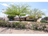 Charming single-story home featuring mature trees and flowering bushes in the front yard at 3125 E Grovers Ave, Phoenix, AZ 85032
