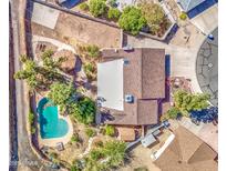 Aerial view of home featuring a backyard pool, gazebo, and desert landscaping at 1205 W El Prado Rd, Chandler, AZ 85224