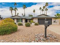 Charming single-story home featuring a desert landscape, lush green bushes, and tall palm trees against a blue sky at 14042 N 44Th St, Phoenix, AZ 85032