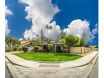 Expansive front yard showcases lush lawn, mature trees, and charming curb appeal at 2053 W Natal Cir, Mesa, AZ 85202