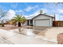 Exterior view of a one-story home, featuring a two-car garage, gravel landscaping, and a large palm tree at 8027 E Quarterline Rd, Mesa, AZ 85207