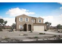 Two-story home featuring desert landscaping, a two-car garage, neutral toned shutters and a covered front porch at 17264 W Via Dona Rd, Surprise, AZ 85387