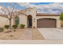 Charming single-story home featuring a desert landscape, paved walkway, and a two-car garage at 229 E Alcatara Ave, Queen Creek, AZ 85140