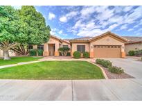 Charming home featuring lush green lawn, mature shade tree, and meticulously maintained desert landscaping at 3682 S Rosemary Dr, Chandler, AZ 85248