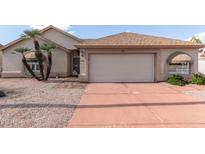 Charming single-story home featuring a two-car garage and desert landscaping with mature palm trees in front at 6200 S Championship Dr, Chandler, AZ 85249