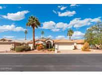 Charming single-story home featuring a red tile roof, desert landscaping, and palm trees at 10634 E Cedar Waxwing Dr, Sun Lakes, AZ 85248