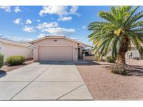 Charming single-story home with a desert landscape, a large palm tree, and a two-car garage at 1433 E Indian Wells Dr, Chandler, AZ 85249