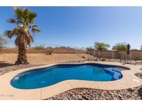 Backyard pool features desert landscaping and a palm tree, creating a relaxing outdoor oasis at 10287 S 175Th Ave, Goodyear, AZ 85338
