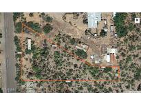 An aerial view of the property showing the lot lines and surrounding desert landscape at 3200 S Mesa Rd, Winkelman, AZ 85192