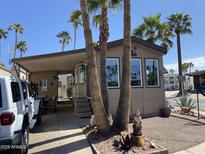Charming single-story home with mature palm trees and desert landscaping in a vibrant community at 1118 S Shawnee Dr, Apache Junction, AZ 85119