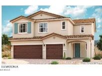 Two-story home featuring a terracotta roof, neutral stucco facade, two-car garage, and a recessed entry at 40498 W Michaels Dr, Maricopa, AZ 85138