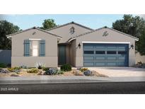 Charming single-story home showcasing desert landscaping, blue accents, and a two-car garage at 24471 W Grenadine Rd, Buckeye, AZ 85326