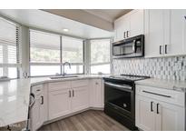 Renovated kitchen features white cabinetry, stainless appliances and marble countertops at 372 W Larona Ln, Tempe, AZ 85284