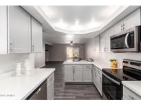 Bright kitchen featuring gray cabinets, quartz countertops, and stainless steel appliances at 910 N Center St # 13, Mesa, AZ 85201