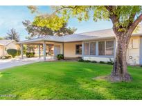 Charming single-story home with a carport, lovely lawn, and mature trees on a sunny day at 11671 S Jokake St, Phoenix, AZ 85044