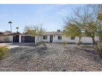 Charming single-story home featuring a modern black garage door and minimalist desert landscaping at 13216 N 48Th Pl, Scottsdale, AZ 85254