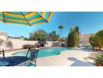 Beautiful backyard pool area surrounded by mature trees and plenty of space for outdoor entertaining at 6720 W Mcrae Way, Glendale, AZ 85308