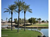 Scenic golf course view featuring a tranquil pond with palm trees and lush green landscaping on a sunny day at 18668 N Lariat Ct, Surprise, AZ 85387