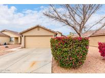 Beige single-story home featuring a two-car garage and a vibrant bougainvillea bush at 12134 W Flores Dr, El Mirage, AZ 85335