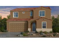 Two-story home featuring a Mediterranean-style design with a red tile roof, brown stucco, and a two-car garage at 7826 E Quartet Ave, Mesa, AZ 85212