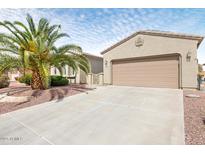Beige single-story home featuring a two-car garage, concrete driveway, and mature palm tree in landscaped front yard at 21026 N Circle Cliffs Dr, Surprise, AZ 85387