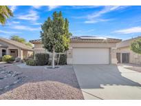 Well-kept house featuring a two-car garage, desert landscaping, and a beautiful tree in the front yard at 6071 S Topaz Pl, Chandler, AZ 85249