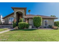 Charming single-story home with a well-manicured lawn and lush landscaping, creating inviting curb appeal at 3917 E Des Moines St, Mesa, AZ 85205