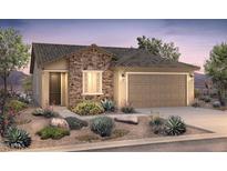 Inviting single-story home featuring a stone facade, neutral color palette, and a well-maintained desert landscape at 21292 N 270Th Dr, Buckeye, AZ 85396