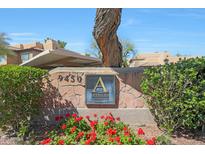 Aventura condominium sign, featuring attractive landscaping and nearby residences in Scottsdale, Arizona at 9451 E Becker Ln # 1041, Scottsdale, AZ 85260