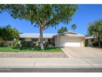 Charming single-story home with a well-maintained lawn and mature landscaping, creating inviting curb appeal at 12634 W Seneca Dr, Sun City West, AZ 85375