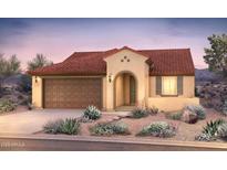 Charming single-story home featuring a clay tile roof, arched entry, and a two-car garage at 26656 W Kimberly Way, Buckeye, AZ 85396