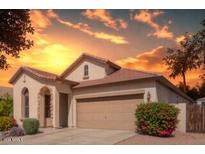 Inviting single-story home with a two-car garage, lush landscaping, and a warm, welcoming sunset backdrop at 6279 S Martingale Ct, Gilbert, AZ 85298