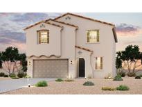 Two-story home showcasing a neutral stucco finish, decorative tile roof, and drought-tolerant landscaping at 18207 W Daley Ln, Surprise, AZ 85387