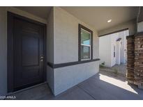 Inviting front entry featuring a modern black door and stylish stone-accented columns at 18207 W Daley Ln, Surprise, AZ 85387