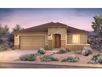 Inviting single-story home featuring a two-car garage and beautiful desert landscaping at 18700 N 268Th Ave, Buckeye, AZ 85396