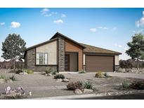 Stunning single-story home featuring a modern design, desert landscaping, and attached two-car garage at 25727 N 147Th Dr, Surprise, AZ 85387