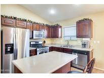 Well-equipped kitchen with stainless steel appliances, dark wood cabinets, and a center island at 4056 E Rock Dr, San Tan Valley, AZ 85143