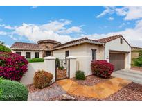 Charming home with a decorative gate, vibrant flowers, and stone accents create a welcoming entrance at 13532 W Junipero Dr, Sun City West, AZ 85375