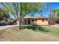 Charming home with a large shade tree in the front yard and covered porch seating area at 304 W 6Th St, Mesa, AZ 85201