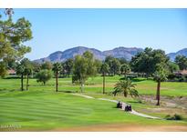 Scenic golf course view with lush green fairways, palm trees, and mountain backdrop at 4303 E Cactus S Rd # 329, Phoenix, AZ 85032