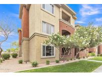 Beautiful condo building with well-maintained landscaping, flowering tree, and lush green grass at 5401 E Van Buren St # 3113, Phoenix, AZ 85008