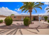 Charming single-story home featuring desert landscaping, a mature palm tree, and a 'Coming Soon' sign at 5445 E Dallas St, Mesa, AZ 85205