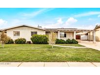 Charming single-story home featuring a well-manicured lawn and a covered carport at 299 N Comanche Dr, Chandler, AZ 85224