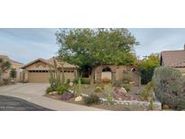 Charming single-story home featuring desert landscaping, barrel cactuses, and a cozy bench under a tree at 7517 E Mariposa Grande Dr, Scottsdale, AZ 85255