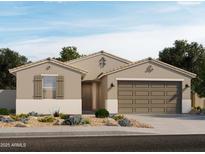 Charming single-story home features a two-car garage, neutral stucco, and a beautifully landscaped front yard at 15995 W Honeysuckle Dr, Surprise, AZ 85387