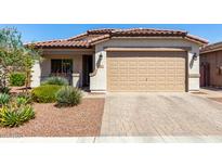 Charming single-story home featuring a well-manicured front yard and brick-paved driveway leading to a two-car garage at 690 W Mangrove Rd, Queen Creek, AZ 85140
