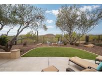 Landscaped backyard with an artificial lawn, a fire pit, desert landscape, and patio furniture at 27196 N 129Th Dr, Peoria, AZ 85383