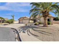 Single story home boasts desert landscaping, a spacious three car garage, and a large palm tree at 19791 N 86Th Dr, Peoria, AZ 85382